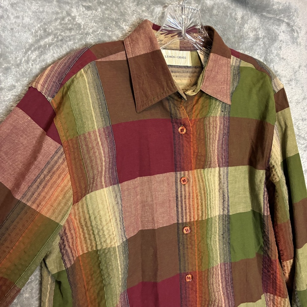 Vtg Lemon Grass Womens Patchwork Plaid Button Shirt S Lagenlook Earthy Boho Fall